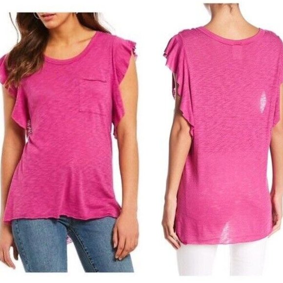 Free People So Easy Ruffle Sleeve Top Tee Fuchsia Pink Magenta Row Edges T-shirt - Picture 1 of 3